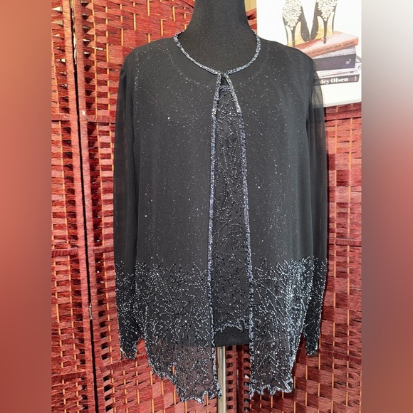 J Kara Vintage Elegant Black Beaded Chiffon jacket & Cami 2 Piece Top Size L - Picture 3 of 11
